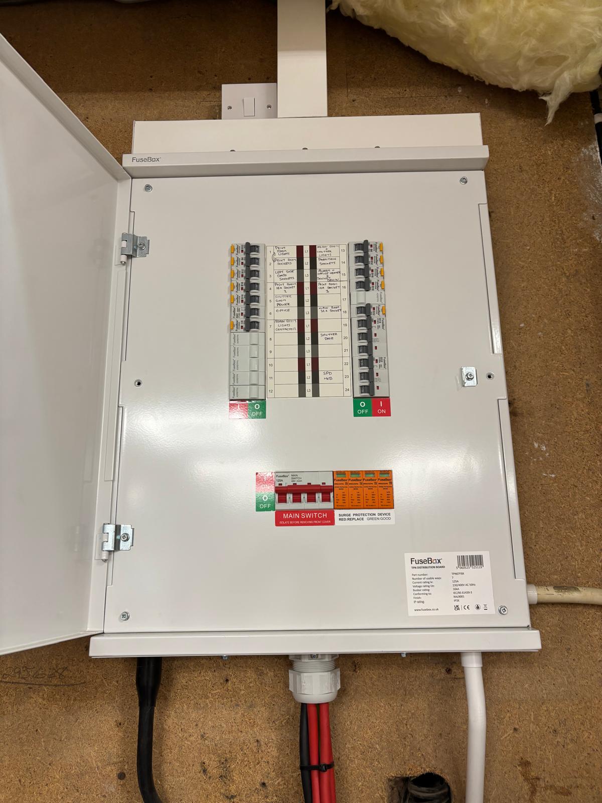 Neatly labelled three-phase commercial electrical distribution board